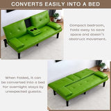 ODOLAR 67" Futon Sofa Bed,Convertible Sofa Bed with 2 Cup Holders,Sleeper Couch PVC Leather Removable Soft Armrest Small Couch for Living Room Apartments ﻿ (Green) ODOLAR