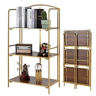 Crofy 3-Tier Gold Folding Bookshelf - Versatile Metal Bookcase for Stylish Storage
