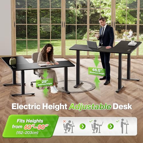 Huuger L Shaped Standing Desk with Power Outlets, 63 x 55 Inch Height Adjustable Computer Desk for Bedroom, Corner Stand up Desk for Home and Office, Work and Study, Black Huuger