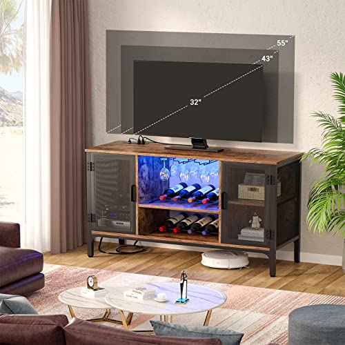 Homieasy Wine Bar Cabinet with Led Lights and Power Outlets, Industrial Coffee Bar Cabinet for Liquor and Glasses, Farmhouse Bar Cabinet with Removable Wine Racks, Rustic Brown Homieasy