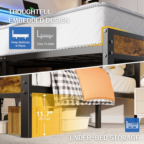 Liians Twin Size Platform Bed Frame with LED Lights, Grey Upholstered Headboard with 2-Tier Storage Shelves, Charging Station, Noise Free, No Box Spring Needed, Easy Assemably Liians