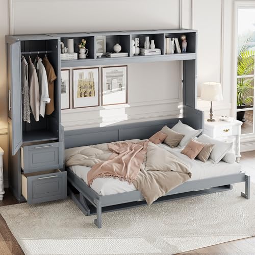 LZ LEISURE ZONE Full Size Murphy Bed with Closet and Drawers, Space-Saving Wall Bed with Storage, Ideal for Small Rooms, Apartments, or Home Offices, Gray LZ LEISURE ZONE