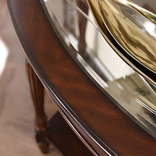 PADMA HOUSE Traditional Solid Wood Semi-Circle Sofa Table with Tempered Glass Top for Living Room, Cherry Walnut PADMA HOUSE