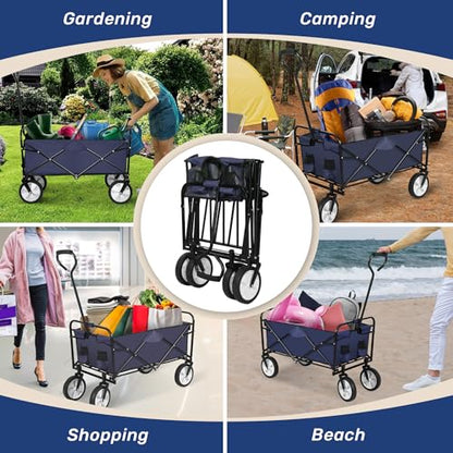 YSSOA Rolling Collapsible Garden Cart Camping Wagon, with 360 Degree Swivel Wheels & Adjustable Handle, 220lbs Weight Capacity,Blue