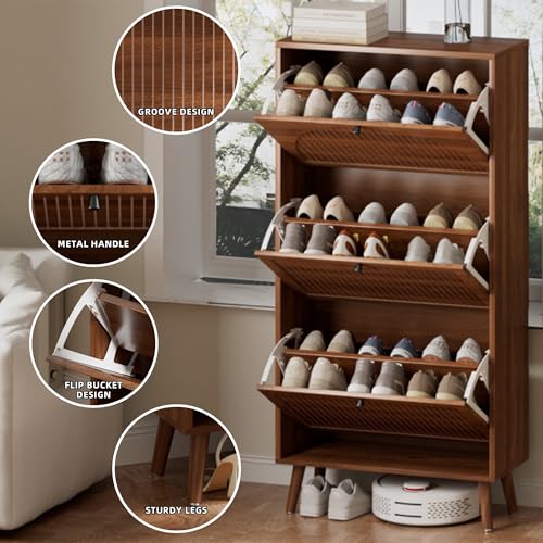 Fsbecl Shoe Storage Cabinet for Entryway with 3 Flip Drawers, Narrow Shoe Organizer with Fluted Panel, Freestanding Wood Hidden Shoe Cabinet for Hallway (Walnut, 23.6''W, Double Layer) Fsbecl