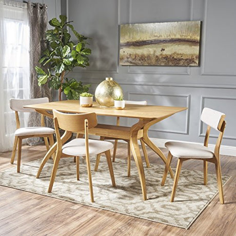 Christopher Knight Home Nissie Mid-Century Wood Dining Set with Fabric Chairs, 5-Pcs Set, Natural Oak Finish / Light Beige GDFStudio