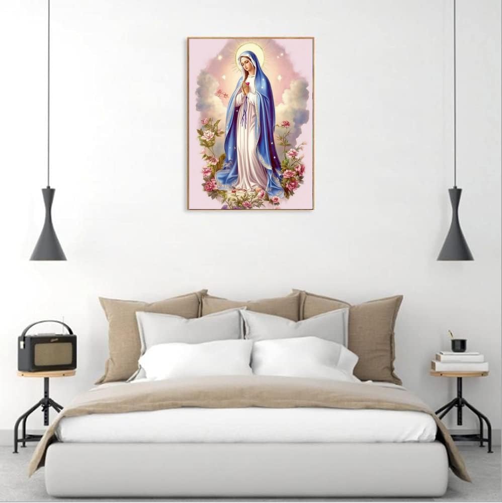 F-CANLAN Round Full Drill Diamond Painting Kit, 5D DIY Virgin Mary Prayer Paint with Diamonds God Flower Diamond Painting with Gem for Adult Rhinestone Diamond Art Room Decor (12X16 inches) F-CANLAN