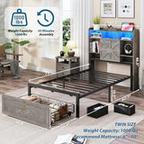 TIGUBFRE Twin Bed Frame with Storage Headboard, Farmhouse Wood Bed Frame Twin Size with 3 Drawers, LED Light & Charging Station, Metal Slats Support, Noise Free, No Box Spring Needed, Rustic Gray TIGUBFRE