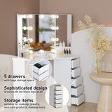 Likein Corner Makeup Vanity Desk with Mirror and Lights, Bedroom Vanity Table with Lighted Mirror 5 Drawers and Storage Shelf for Women Girls White Likein