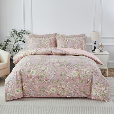 URBONUR Full Duvet Cover Set Soft 100% Cotton Floral Bedding Sets Blush Pink Wildflower Comforter Cover, Button Closure and Corner Ties (3Pcs, Vintage Floral, Full) URBONUR