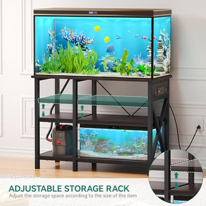 YITAHOME 40-50 Gallon Fish Tank Stand with Power Outlet, 40x18 Inch Metal Aquarium Stand with 3-Tier Adjustable Storage Shelves and Hooks, 700LBS Capacity, Black