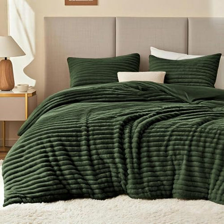 EXQ Home Fluffy Comforter Set Twin Size - Super Soft Faux Fur Stripe Jacquard Comforter 3 Pieces, Olive Green Fleece Bedding Set,Winter Warm Bed Set,1 Comforter with 1 Pillowcase EXQ Home