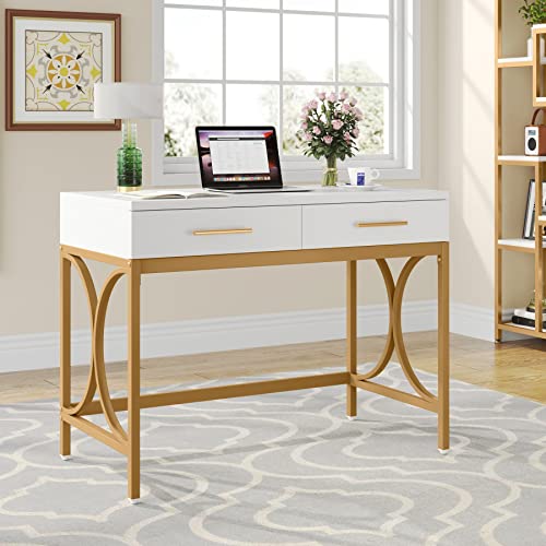 Tribesigns Modern Computer Desk with 2 Drawers, 41 Inches Study Writing Office Desk for Home Office, Bedroom, Makeup Vanity Table Desk with Gold Metal Frame, White & Gold