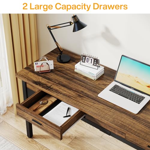 LITTLE TREE Two Person Desk, 78.7" Extra Long Computer Desk with 2 Drawers, Double Desk with 4 Iron Hooks, Large Executive Office Desk, Writing Table Study Desk for Home Office, Rustic Brown - WoodArtSupply