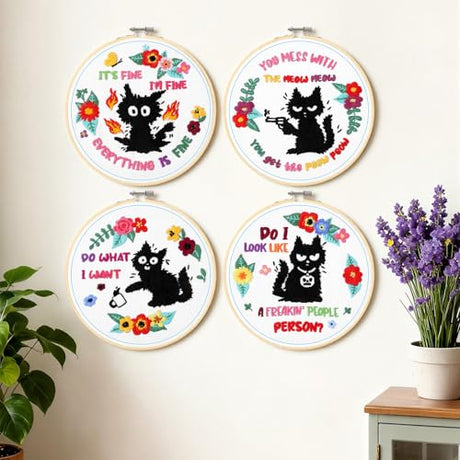 Rivvlive 4 Sets Funny Cat Embroidery Kit with Embroidery Hoop Pattern Needlepoint Kit for Beginners and Adults Needlepoint Crafts Set with Needles Thread and Instruction DIY Rivvlive