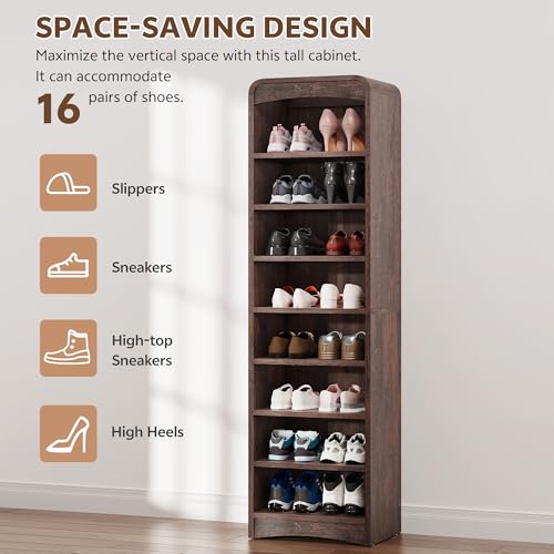Homiflex Tall Shoe Cabinet, 8 Tiers 16 Pairs Wooden Shoe Rack with Adjustable Shelf, Freestanding Shoe Closet Shoes Organizer Cabinet for Entryway, Hallway, Living Room, Espresso Homiflex