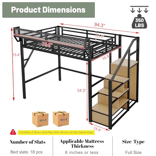 Mirightone Metal Full Size Loft Bed with Stairs,Heavy Duty High Loft Bed Full with Storage Upper Shelf and Wardrobe for Adults Teens, No Box Spring Needed, No Noise, Black Mirightone