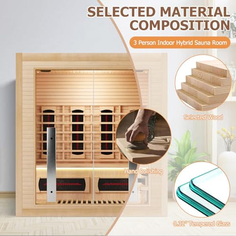 3-4 Person Hybrid Home Wood Sauna, Indoor WiFi Control Far Infrared & Traditional Canadian Hemlock Steam Saunas Spa with Red Light Therapy, 11 Heating Elements & Electric Stove, Accessories, Leftdoor Smartmak