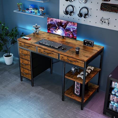 Sweetcrispy 47" Computer Desk with 6 Drawers, Home Office Gaming Desks with Storage Shelves for Bedroom, Writing Study Corner Living Room Work Table Rustic Brown Sweetcrispy