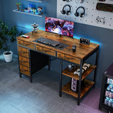 Sweetcrispy 47" Computer Desk with 6 Drawers, Home Office Gaming Desks with Storage Shelves for Bedroom, Writing Study Corner Living Room Work Table Rustic Brown Sweetcrispy
