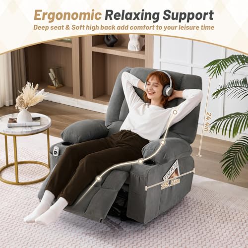 Rocker Recliner Chair with Massage and Heat, Nursery Rocking Chairs for Living Room, Ergonomic Comfy Relining Chair with Cup Holders, USB Charge Port, Side Pockets, Recliner Chair for Adults, Grey BIGGARSIT