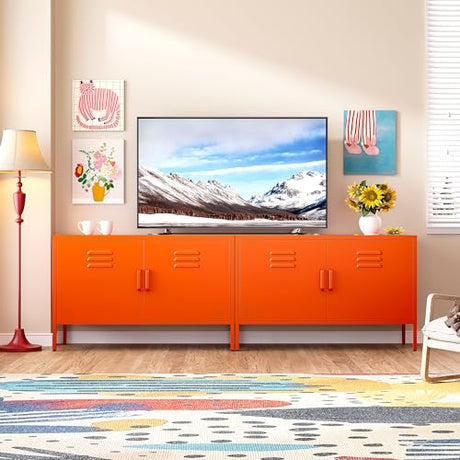 SISESOL Orange Metal Storage Cabinet with Doors and Shelves,2 Door Wide Metal Locker Accent Storage Cabinet with Leg & Vent Hole,Wide TV Cabinets,Low Side Cupboard for Home,Office,Dining/Living Room SISESOL
