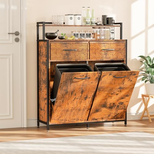 ZIAERKOR Double Tilt Out Trash Cabinet, Hidden Trash Bin Cabinet, Large Wooden Trash Can for Kitchen with Shelf, Dual Tilt Out Laundry Hamper Cabinet Free Standing Holder 10 Gallon - WoodArtSupply