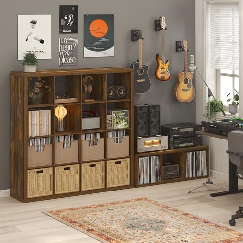 Furinno Cubicle Record Player Stand with Vinyl Storage, 3-Cube 1.2 Extra Thick Vinyl Record Storage, Open Back Media Shelf for CD DVD Blueray Game Disc, for Living Room, Home Office, Amber Pine Furinno