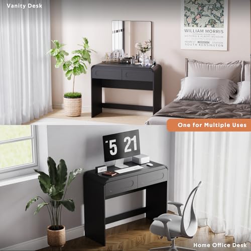 Vanity Desk, Makeup Vanity Desk with 2 Drawers and Storage Desktop Space, Modern Makeup Vanity Dressing Table with Curved Profile Design, Black Makeup Computer Writing Desk for Home Office Bedroom SOLACE FURNITURE