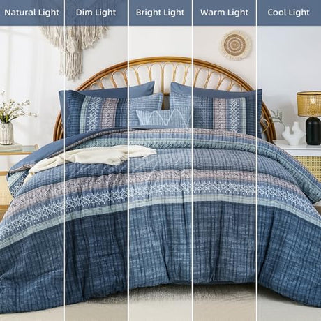 Dintszyayue Blue Comforter Set Queen Size, 8 Pieces Boho Striped Bed in a Bag Soft Microfiber Bedding Set for All Season Dintszyayue