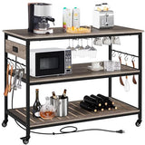 Yaheetech Kitchen Cart with Power Outlet, Rolling Kitchen Island on Wheels with Glass Holder & Hooks, Utility Trolley Cart Coffee Bar Microwave Stand Cart with Lockable Casters, Taupe Wood Yaheetech