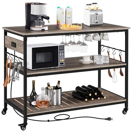Yaheetech Kitchen Cart with Power Outlet, Rolling Kitchen Island on Wheels with Glass Holder & Hooks, Utility Trolley Cart Coffee Bar Microwave Stand Cart with Lockable Casters, Taupe Wood Yaheetech