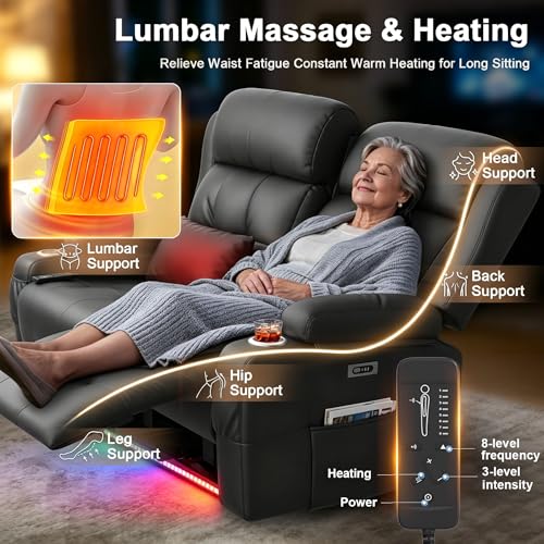 Aotolo Power Reclining Loveseat with Massage & Heat,Wall Hugger Loveseat Recliner with LED Lights,USB & Type-C Ports, Ideal for RV, Home Theater and Living Room,Black,2 Seats