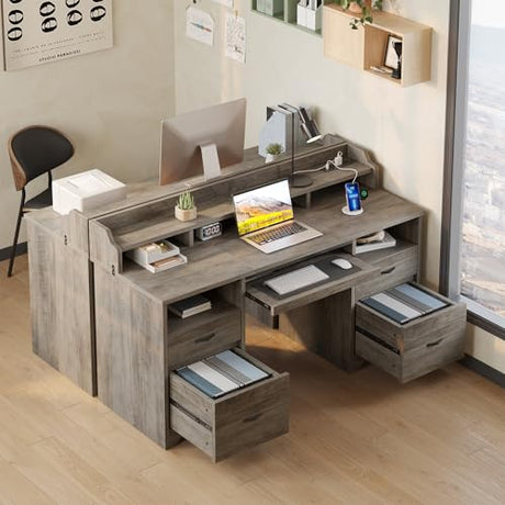 Bestier Farmhouse 59" Executive Desk with Drawers, Wood Computer Desk with Charging Station, Home Office Desk with Keyboard Tray & Monitor Stand, Sturdy Pedestal Desk for Work Study, Grey Bestier