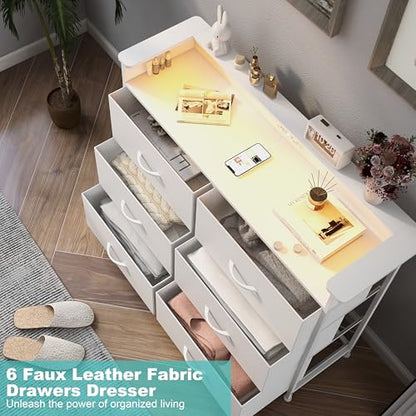 Welfuturer White Dresser for Bedroom with Charing Station and LED Light 6 Drawer Dresser with PU Finish Fabric Chest of Drawers for Closet Living Room Hallway Sturdy Steel Frame Double Wooden Tabletop