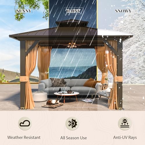 YOLENY 10' x 10' Hardtop Gazebo, Metal Gazebo with Aluminum Frame, Double Galvanized Steel Roof, Curtains and Netting Included, Pergolas for Patios, Garden, Parties, Lawns YOLENY