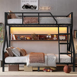 Bellemave Bunk Beds Twin Over Full Size with Storage Shelves & LED Light, Metal Twin Over Full Bunk Bed Frame with Wood Board & Sturdy Slats, Heavy Duty Bed Frame, Noise Free, Black Bellemave