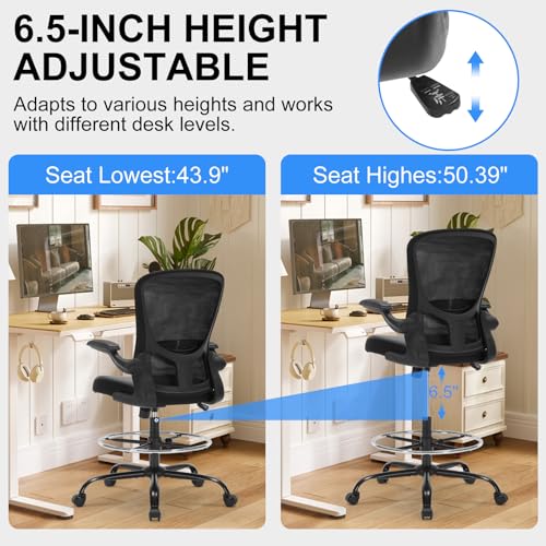 OLYFING Ergonomic Drafting Chair, Standing Desk Chair with Lumbar Support Tall Office Chair with Flip-Up Arms Footrest Ring, Breathable Mesh High Desk Chair with PU Leather Seat Cushion, Black OLYFING