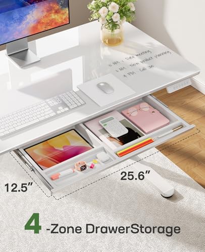 Marsail Glass Electric Standing Desk with Drawer, 48 x 24 Inches Height-Adjustable Desk, One-Piece Tempered Glass Top, Ergonomic Home Office Sit Stand Desk with 4 Preset Heights, White Marsail