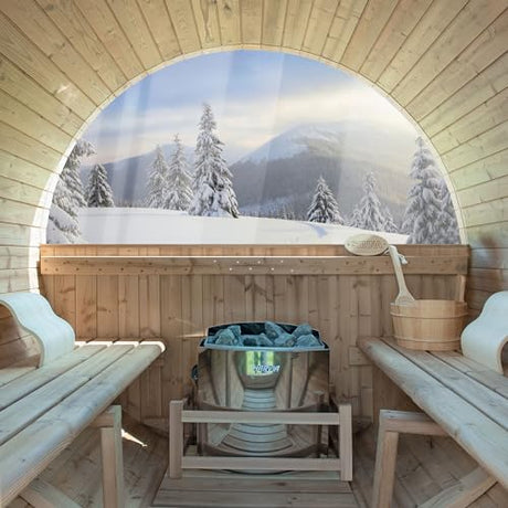 WOODBRIDGE 2-Person Luxury Finland Thermo Pine Outdoor Barrel Sauna with Half View Window,Harvia Electric Heater with Sauna Stone, Sauna Accessories Kit and Asphalt Shingle Roof, 4'x6', OBS1812 WOODBRIDGE