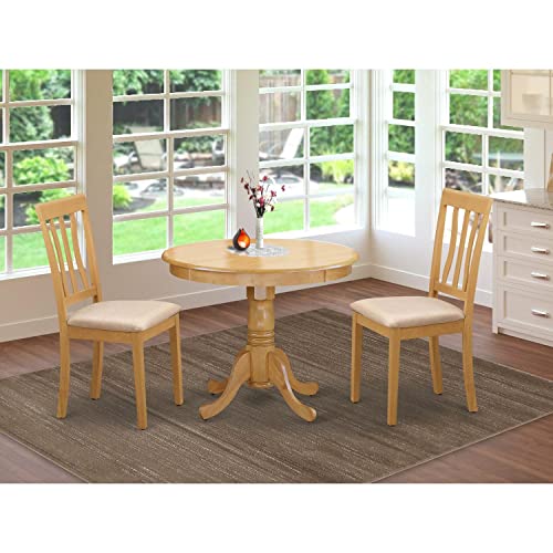 East West Furniture ANTI3-OAK-C 3 Piece Kitchen Set Contains a Round Table with Pedestal and 2 Linen Fabric Dining Room Chairs, 36x36 Inch - WoodArtSupply