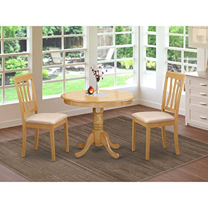 East West Furniture ANTI3-OAK-C 3 Piece Kitchen Set Contains a Round Table with Pedestal and 2 Linen Fabric Dining Room Chairs, 36x36 Inch - WoodArtSupply