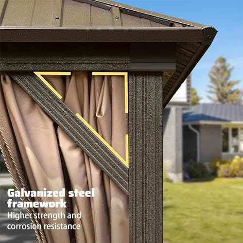 Domi Hardtop Gazebos 10x12FT, Aluminum Metal Gazebo with Galvanized Steel Double Roof Canopy, Curtain and Netting, Permanent Gazebo Pavilion for Patio, Backyard, Deck and Lawn, Brown domi outdoor living