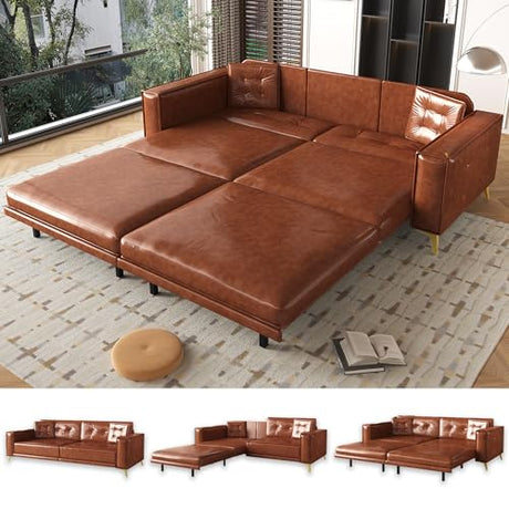 LuxyHoom 92.1'' Pull Out Sofa Bed King, Faux Leather Futon Couch, 3-in-1 Convertible Sleeper Sofa with Tufted Back, Gold Furniture Legs, Deep Loveseat for Living Room, Apartment, Office, Light Brown LuxyHoom