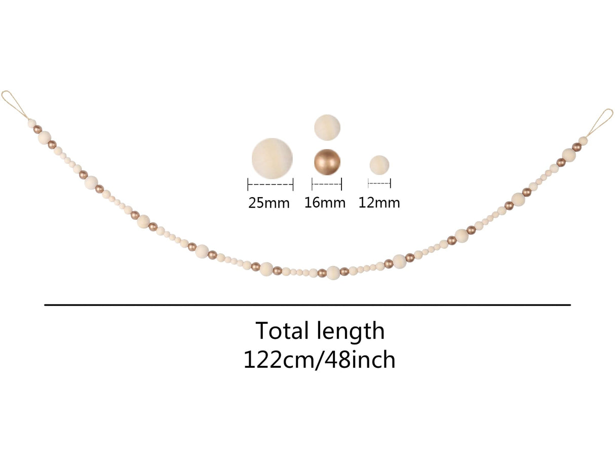 Christmas Wooden Bead Garland Xmas Wooden Tree Beads Rustic Decorative Christmas Tree Farmhouse Decor for Mantle Fireplace Staircase (Natural & Gold) RAMIRABI