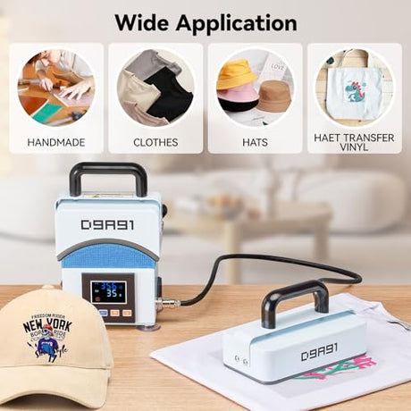 D9A91 2 in 1 Heat Press Machine, Hat Press Machine.for Caps, T-Shirt & More, Curved Heating Plate and Silicone Base,Heat Up Fast and Even,No Crease,LCD Digital Temperature &Timer Control-Light Blue D9A91