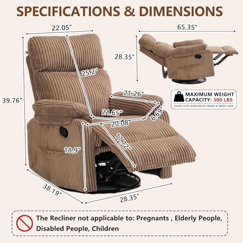 Super Soft Brown Rocking Chair Nursery Recliners, Small Recliner Rocking Chair for Small Spaces, Manual Swivel Glider Recliner for Living Room Bedroom Office, Corduroy, Adjustable Backrest (Brown)