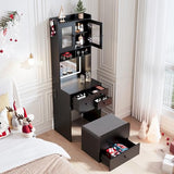 Garvee 3 in 1 Vanity Desk with LED Light, Tall Makeup Vanity Set with 2 AC Outlets & USB-c, Dressing Table with Drawers & Acrylic Doors, Nightstand Vanity Mirror, Jewelry Box, Cushioned Chair, Black Garvee