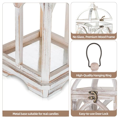 Staymoment Farmhouse Decorative Candle Lanterns Set of 2, Indoor Rustic Wooden Candle Holder for Table Centerpiece Fireplace Mantle, 12" & 16" Hanging Home Decor for LED & Real Candles, Whitewashed Staymoment