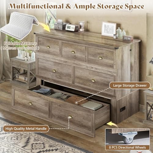 AMERLIFE Queen Size Murphy Bed, Farmhouse Wooden Cabinet with Charging Station and Storage Drawer for Bedroom/Office/Guest Room, Grey Oak AMERLIFE